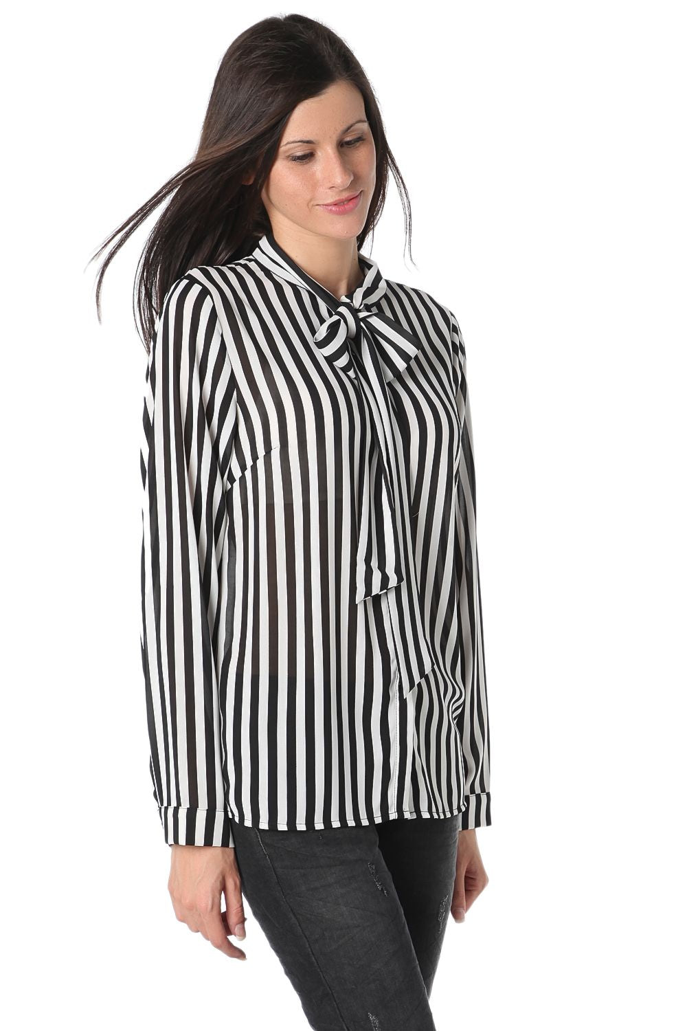 Striped tie front chifon long sleeve shirt