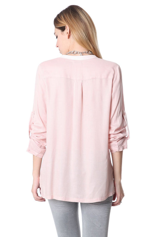 Pink long sleeve deep V neck blouse - Shirts