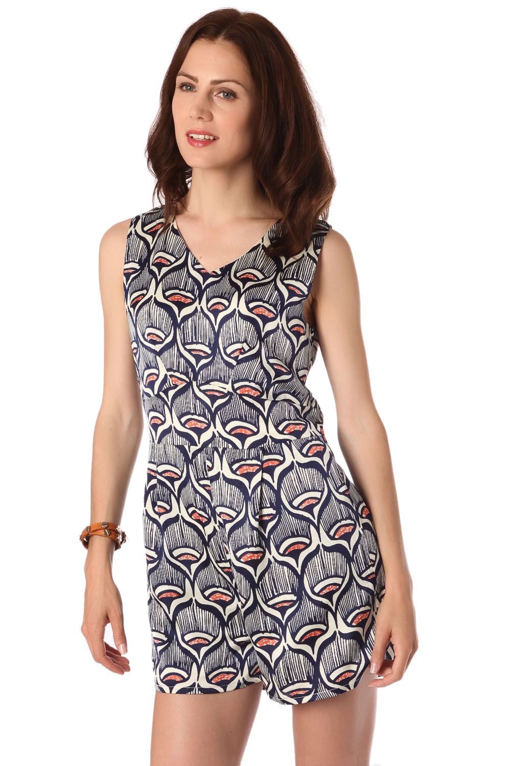 Navy blue satin printed romper