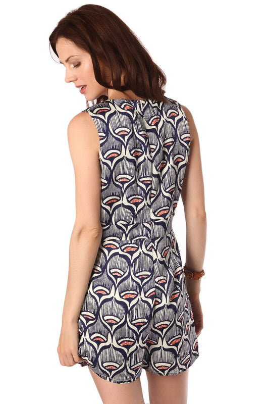 Navy blue satin printed romper - dress