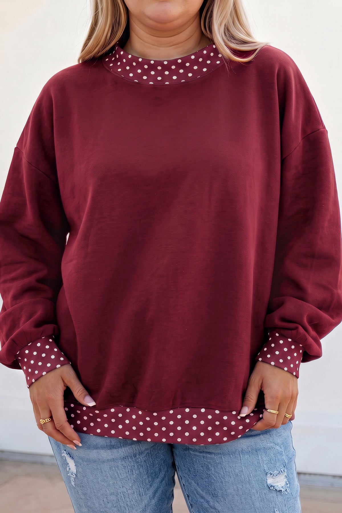 Tillandsia Purple Polka Dot Patchwork Round Neck Plus Size Sweatshirt Burgundy 50%Polyester+50%Cotton - Plus Size/Plus Size Sweatshirts & Hoodies