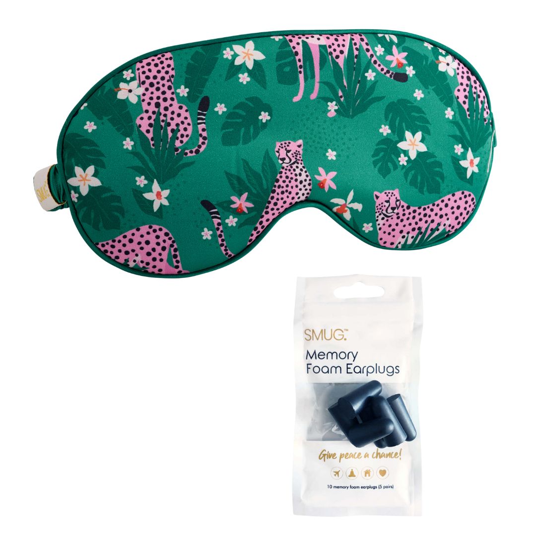Satin Sleep Mask - Cheetah Print Sleep Mask & Black Earplugs - Satin Sleep Mask