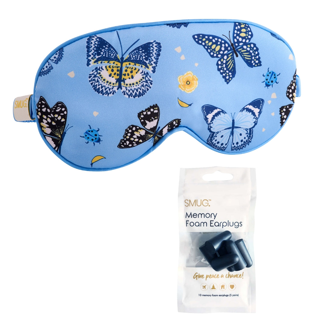 Satin Sleep Mask - Butterflies Print Sleep Mask & Black Earplugs - Satin Sleep Mask
