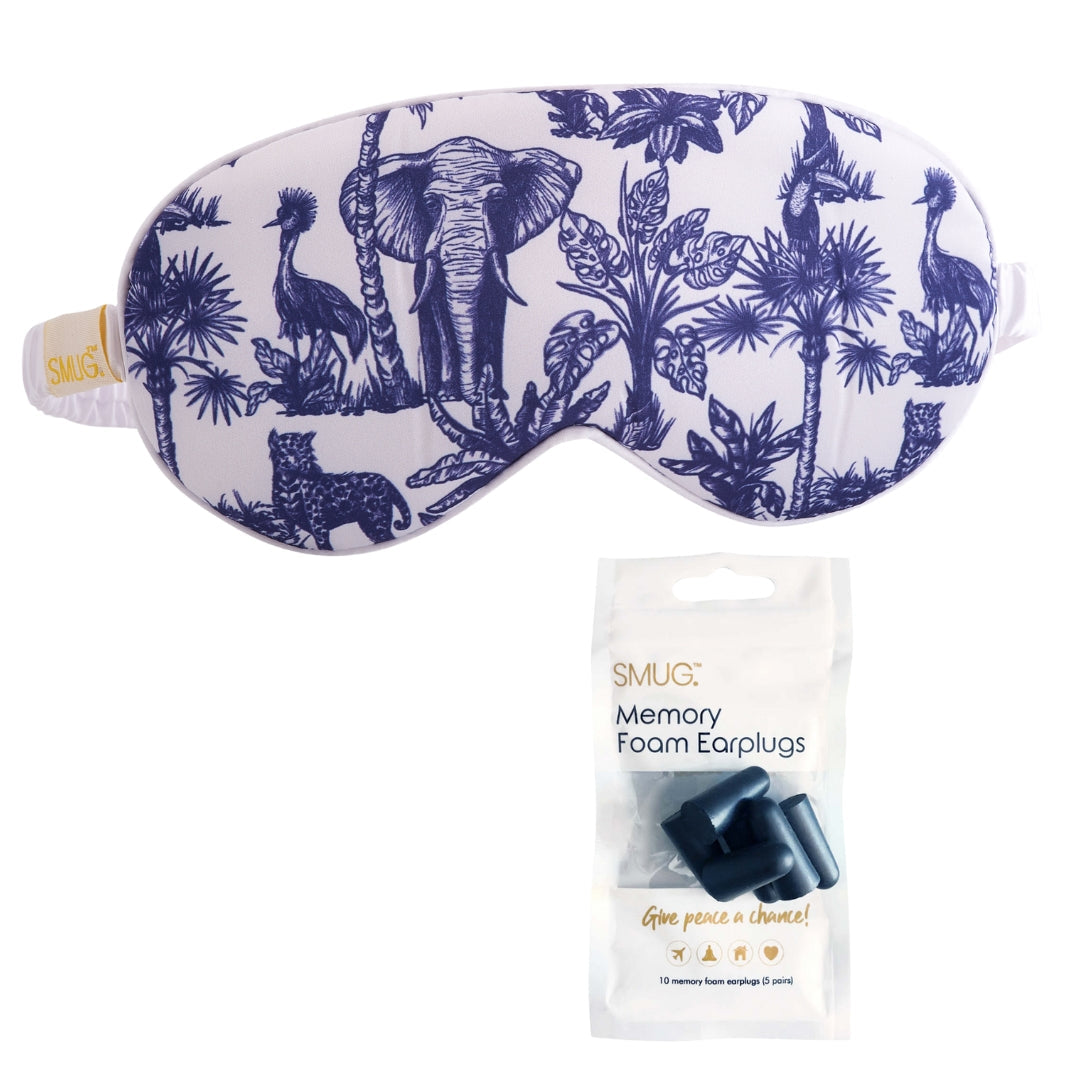 Satin Sleep Mask - Elephant Print Sleep Mask & Black Earplugs - Satin Sleep Mask