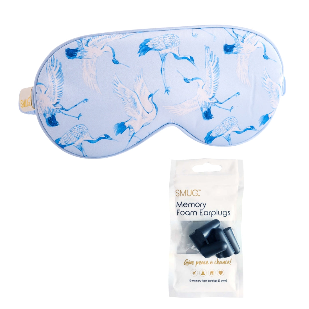Satin Sleep Mask - Cranes Print Sleep Mask & Black Earplugs - Satin Sleep Mask