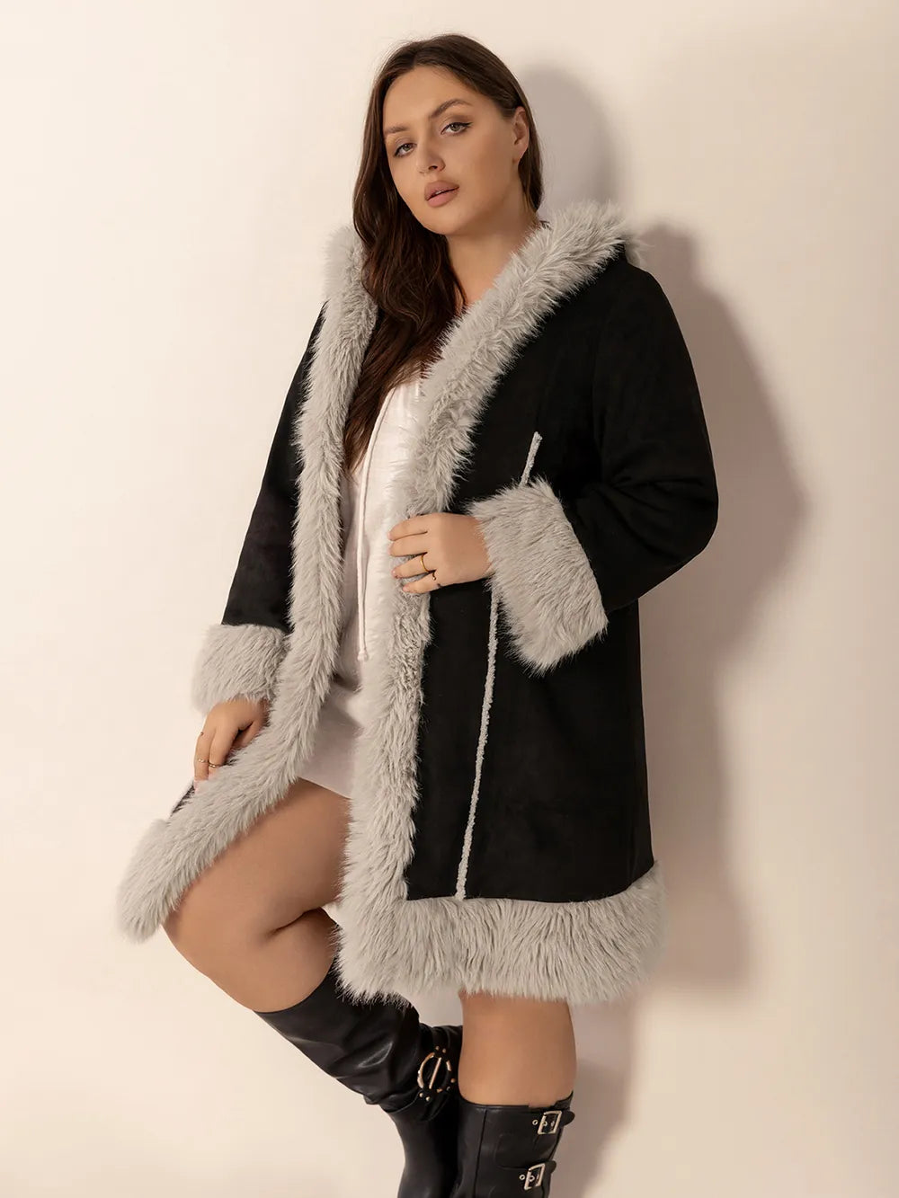 Plus Size Fuzzy Trim Open Front Long Sleeve Hooded Coat -