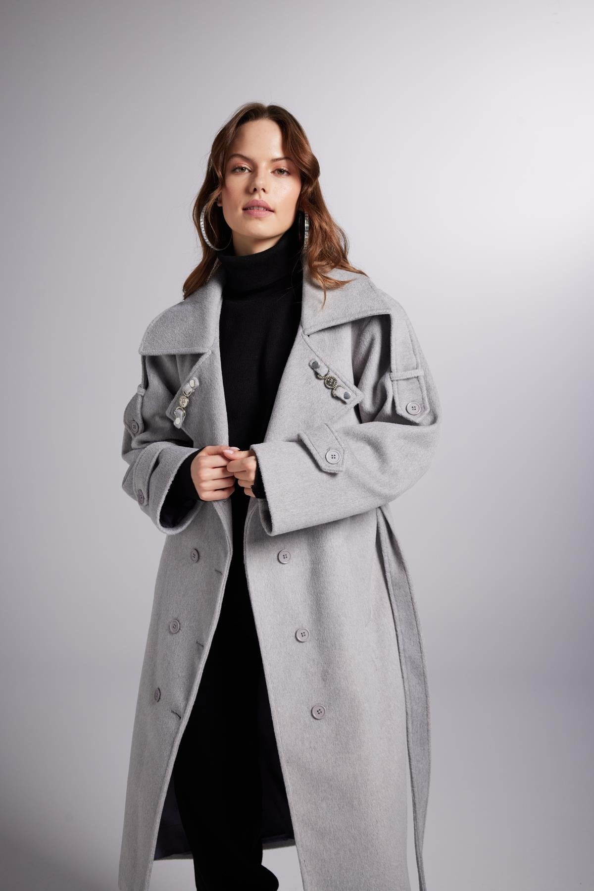 Accessorized Wool Blended Cashmere Maxi Woody Grey Coat - Trench Coats