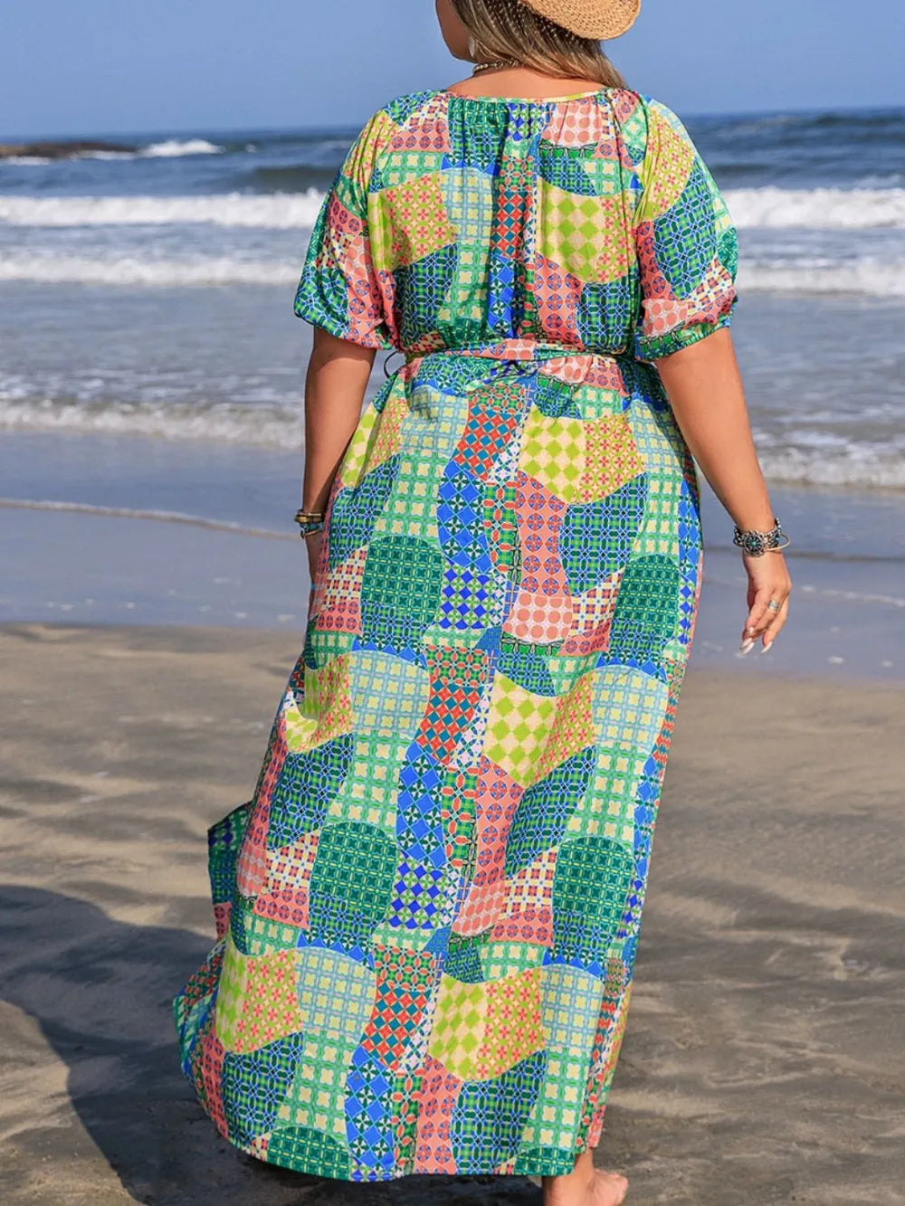 Plus Size Tied Printed Round Neck Maxi Shirt Dress -