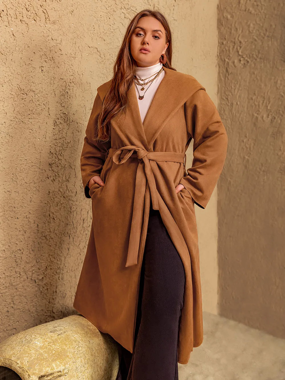 Plus Size Tied Long Sleeve Hooded Coat with Pockets -