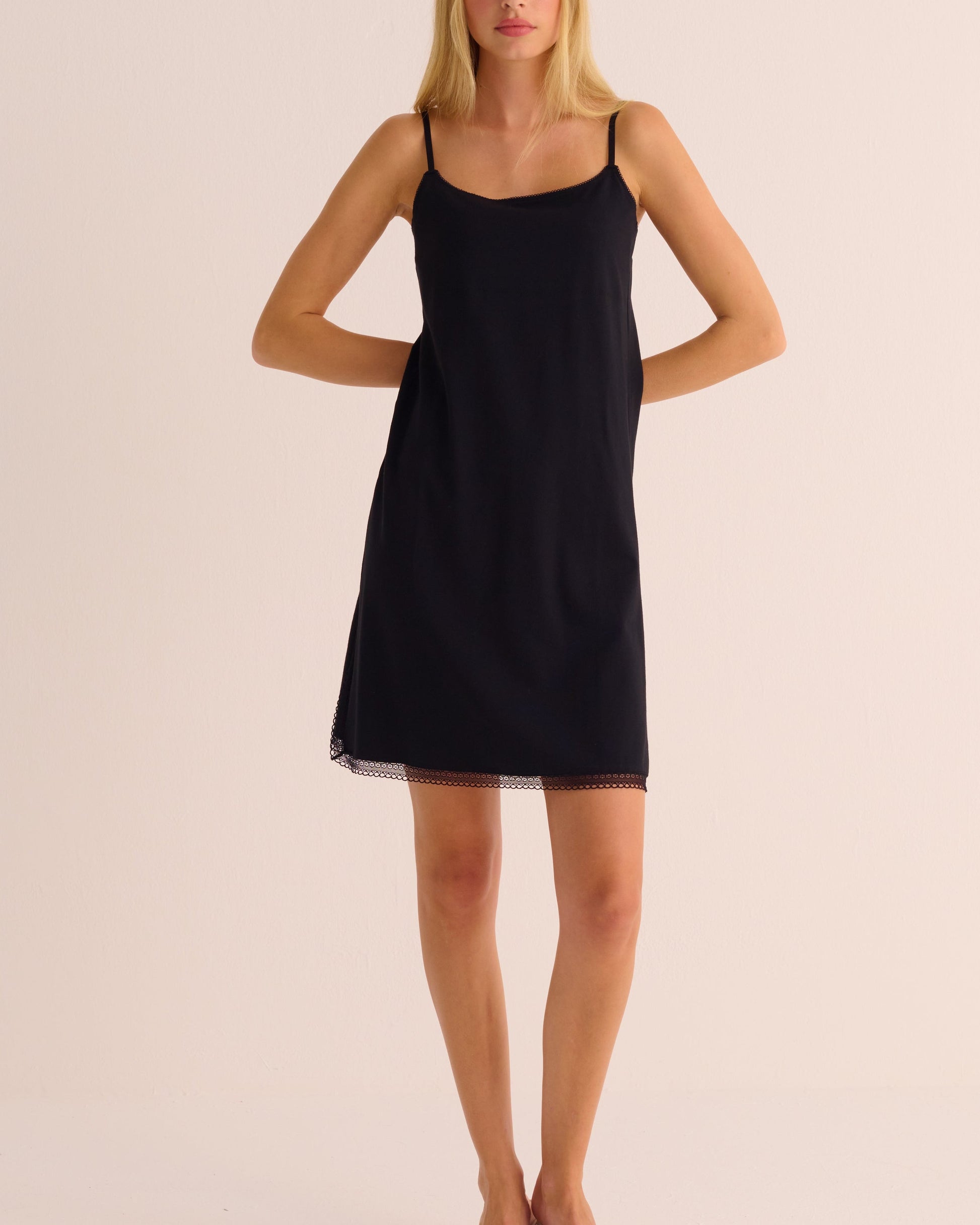 Black Modal Nightdress with Lace Trim -