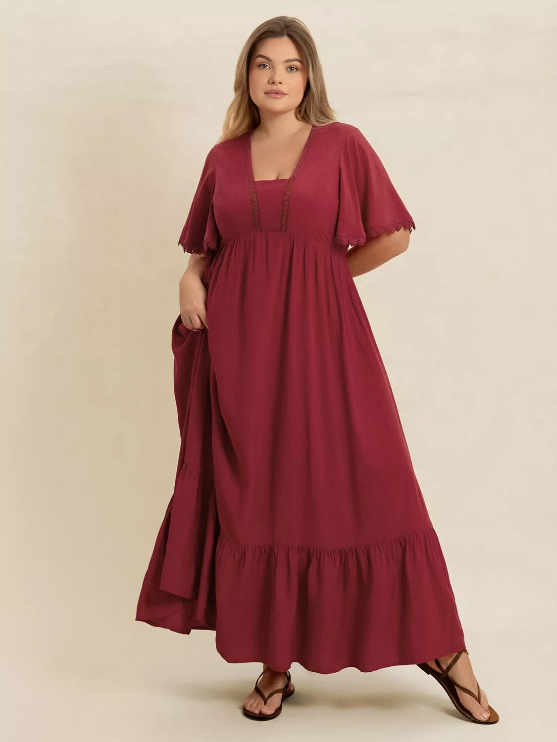 Plus Size Lace Detail Flutter Sleeve Maxi Dress Burgundy -