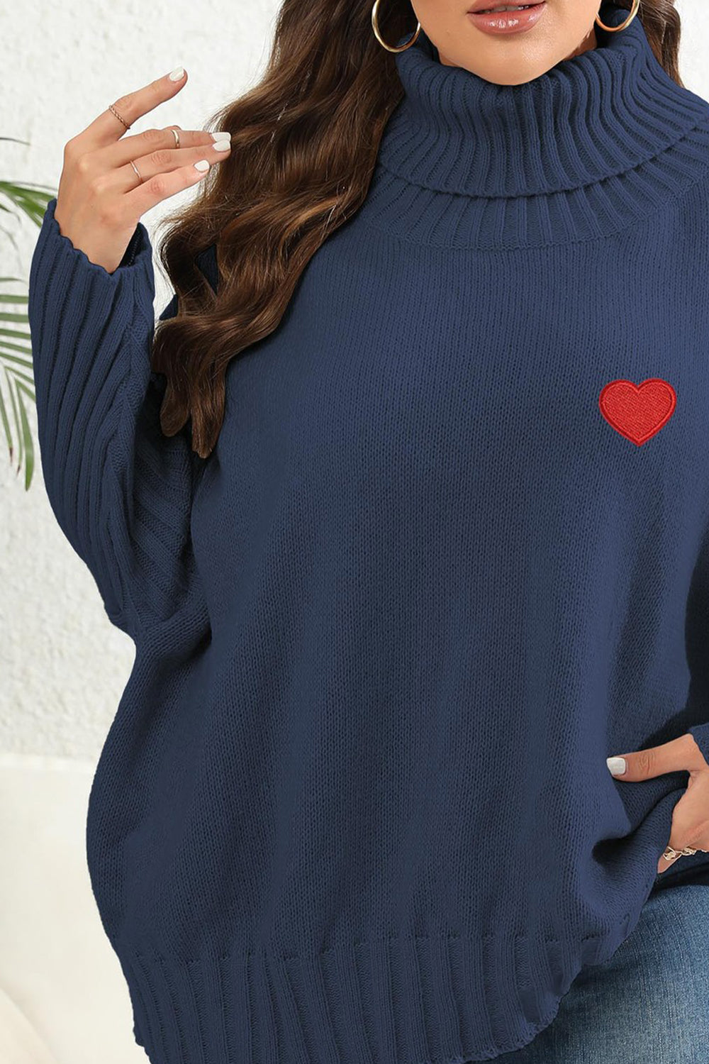 Plus Size Turtle Neck Jumper with Heart Patch - Sweaters