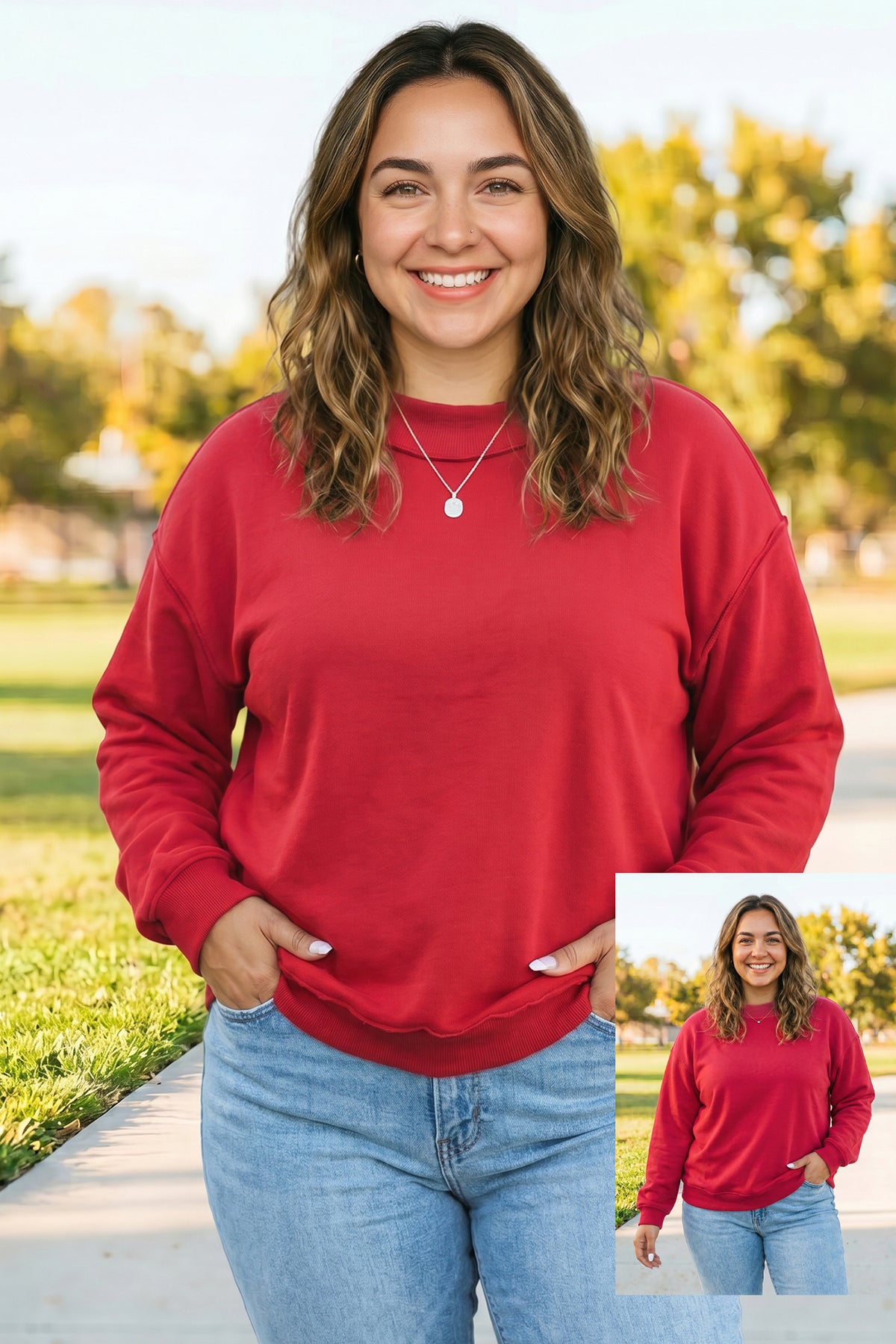 Exposed Seam Detail Reversible Double Wear Plus Size Sweatshirt Racing Red 65%Polyester+35%Cotton - Plus Size/Plus Size Sweatshirts & Hoodies