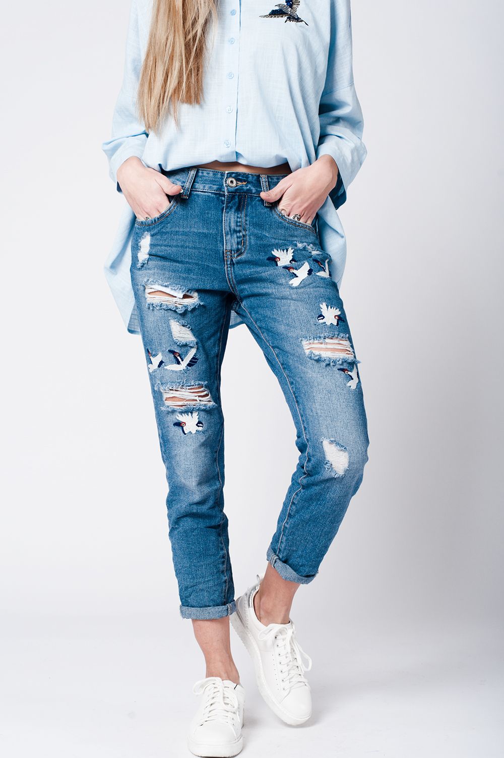 Blue wash mom jeans bird embroidery - Denim