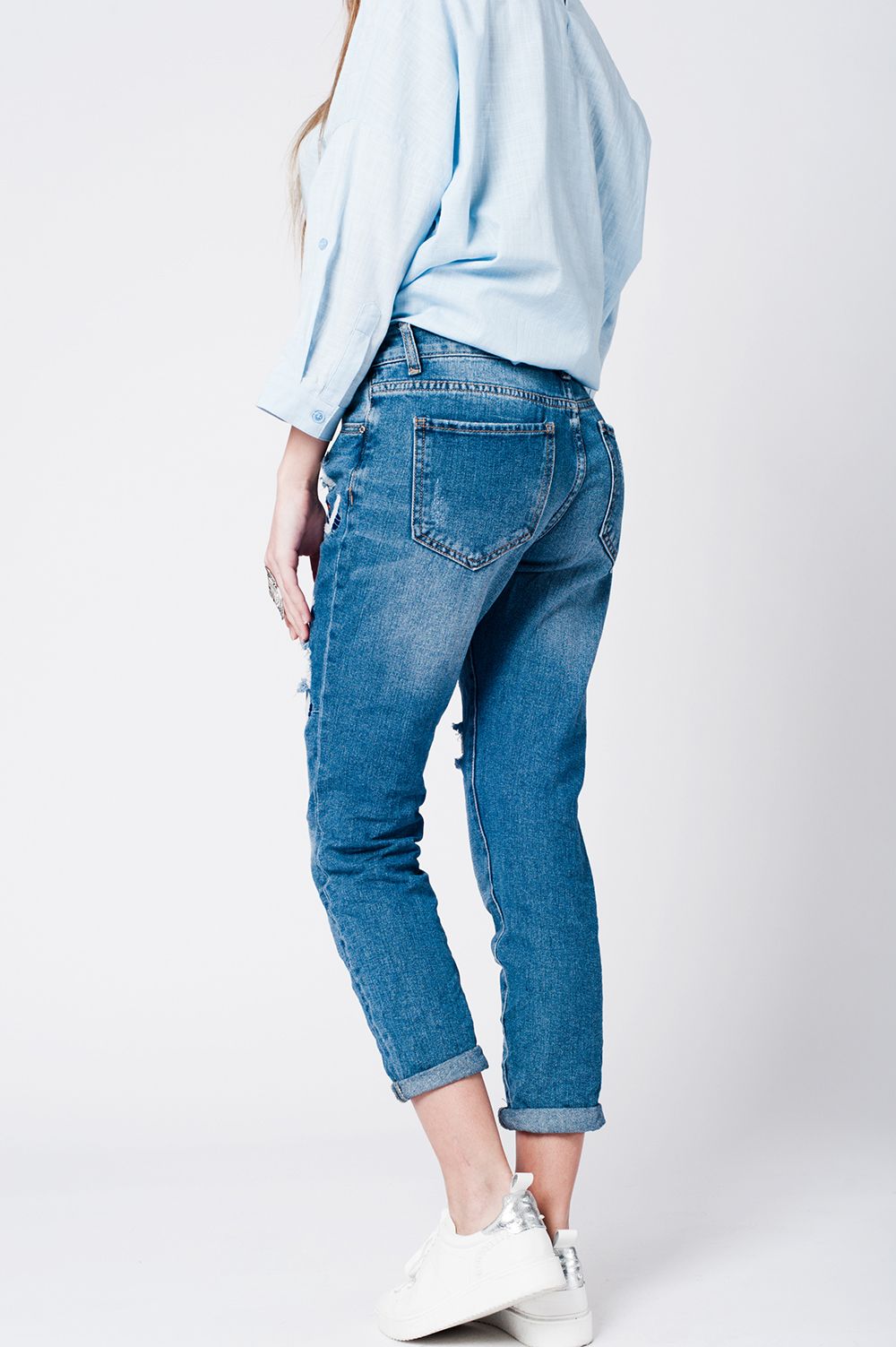 Blue wash mom jeans bird embroidery - Denim