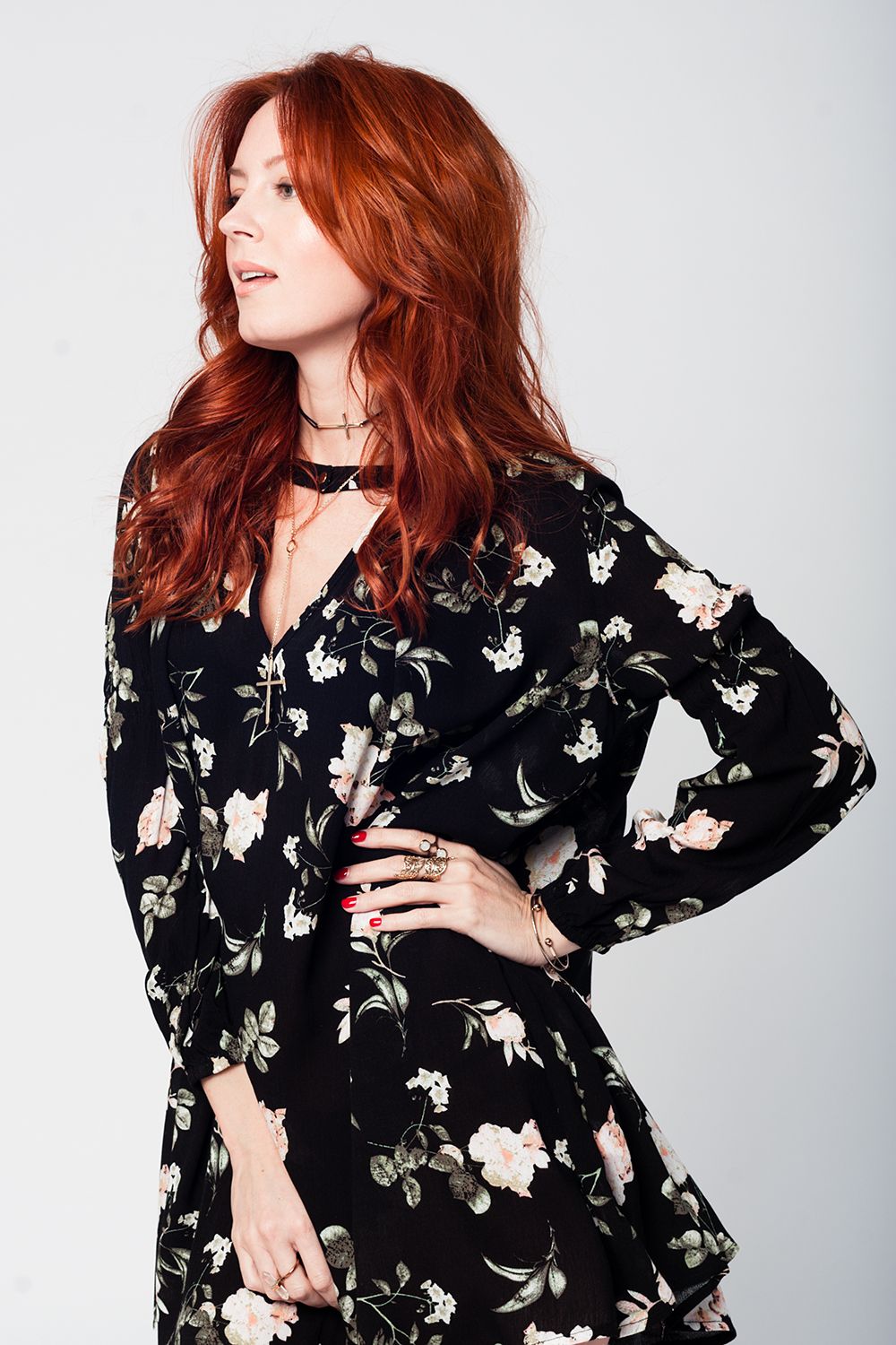 Black swing dress with floral print