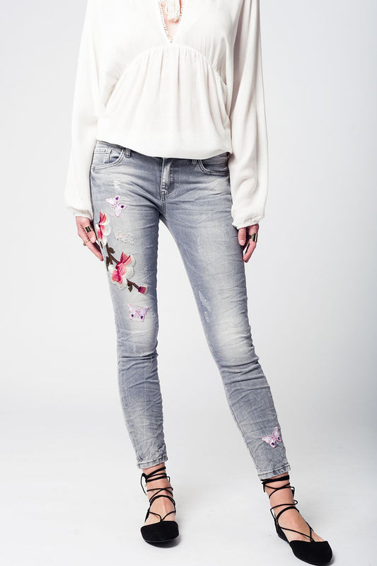Grey slim denim embroidered jeans - Denim