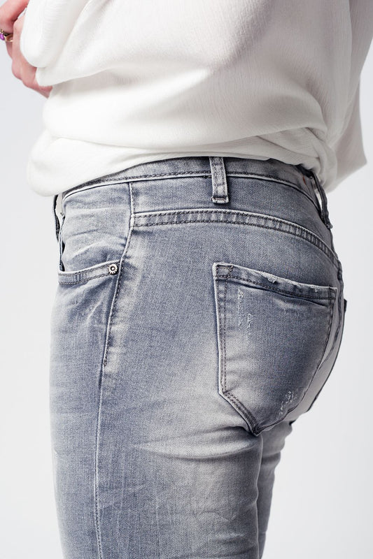 Grey slim denim embroidered jeans - Denim