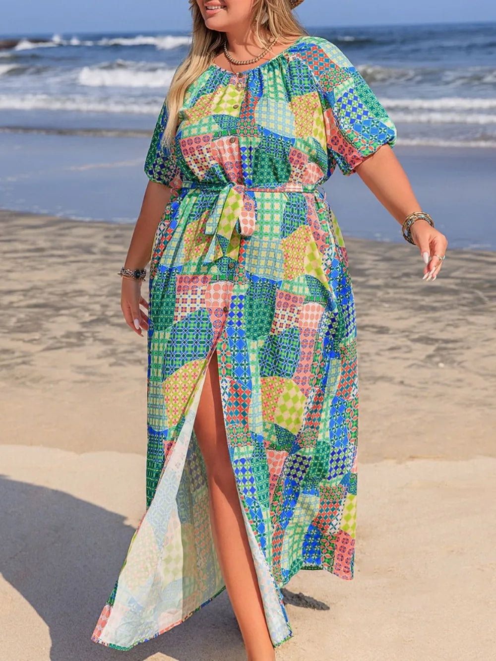 Plus Size Tied Printed Round Neck Maxi Shirt Dress -