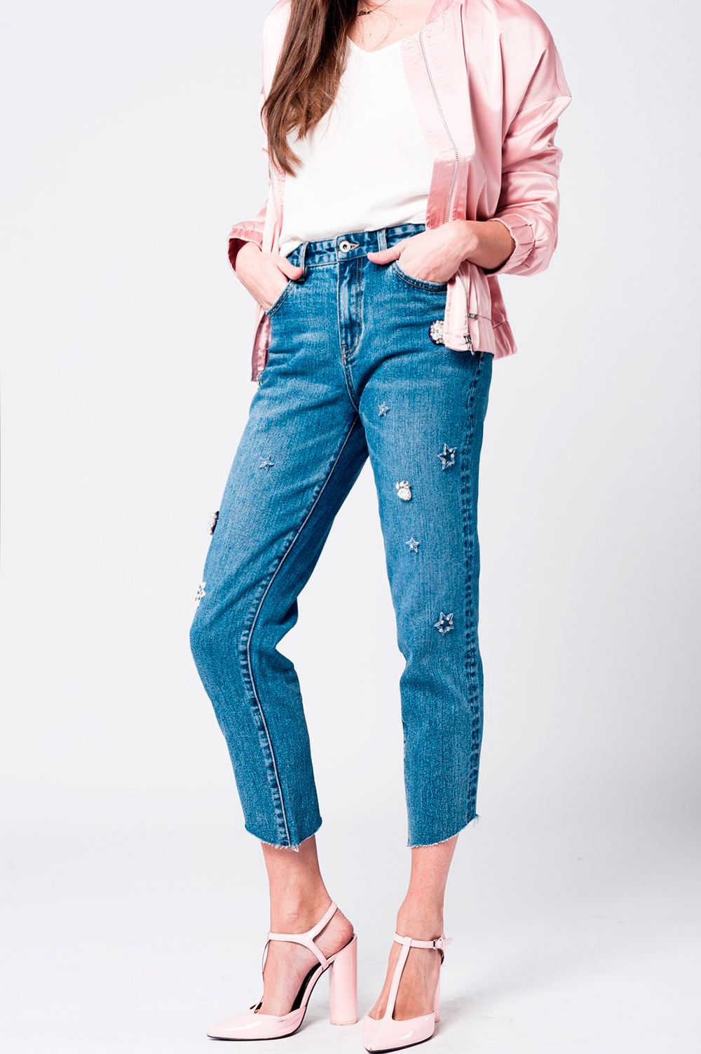 Mom jeans with embroidered stars - Denim