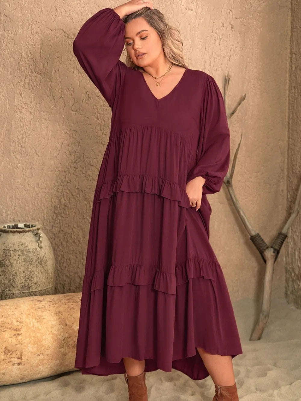Plus Size Ruffled V-Neck Long Sleeve Dress Burgundy -