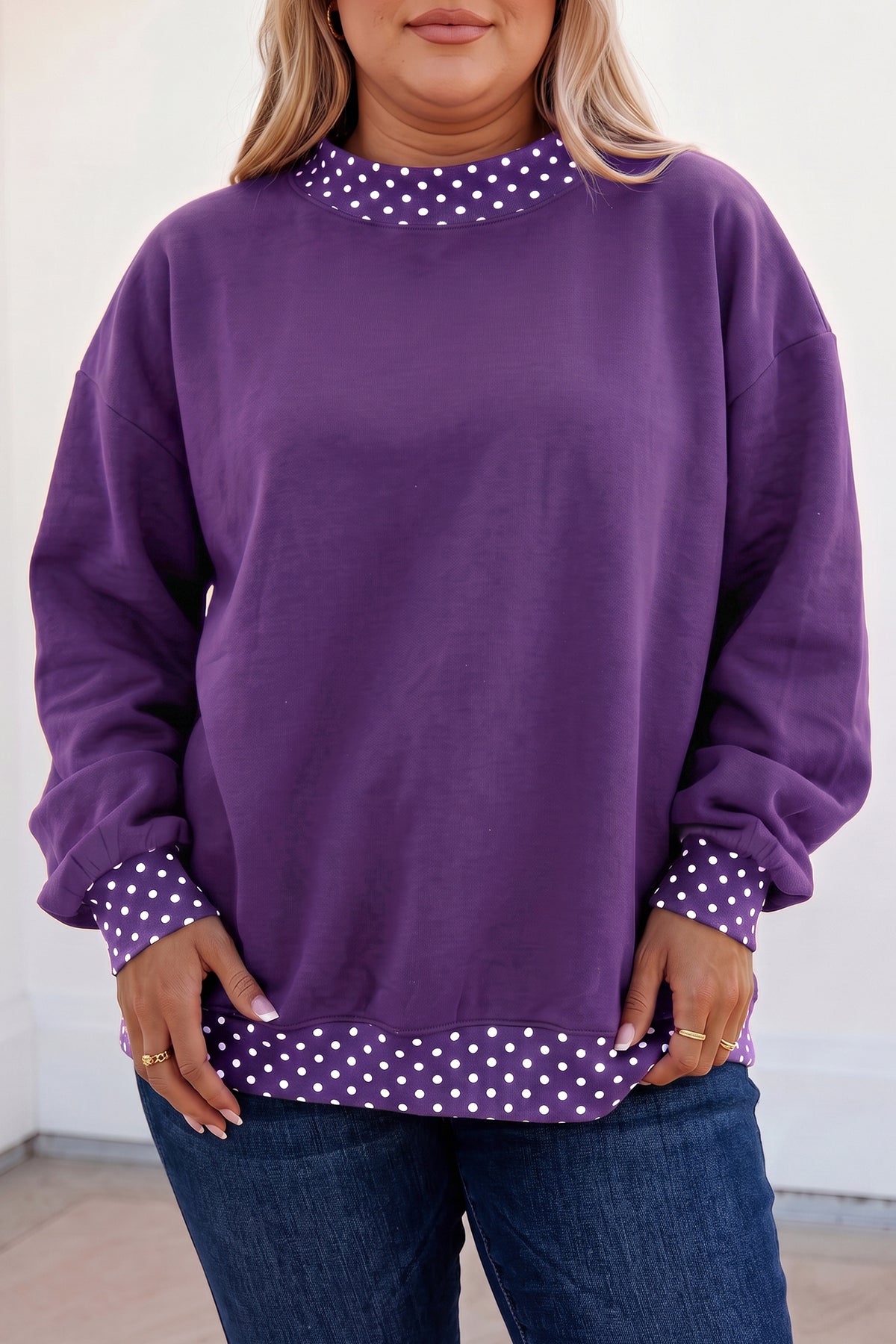 Tillandsia Purple Polka Dot Patchwork Round Neck Plus Size Sweatshirt Tillandsia Purple 50%Polyester+50%Cotton - Plus Size/Plus Size Sweatshirts & Hoodies