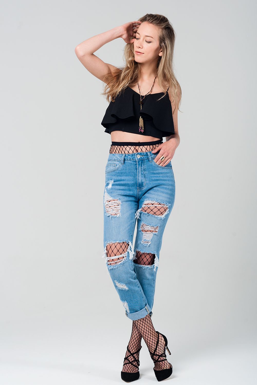Ripped mom jeans with fishnet tights - Denim