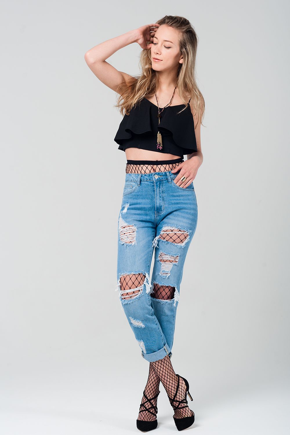 Ripped mom jeans with fishnet tights - Denim