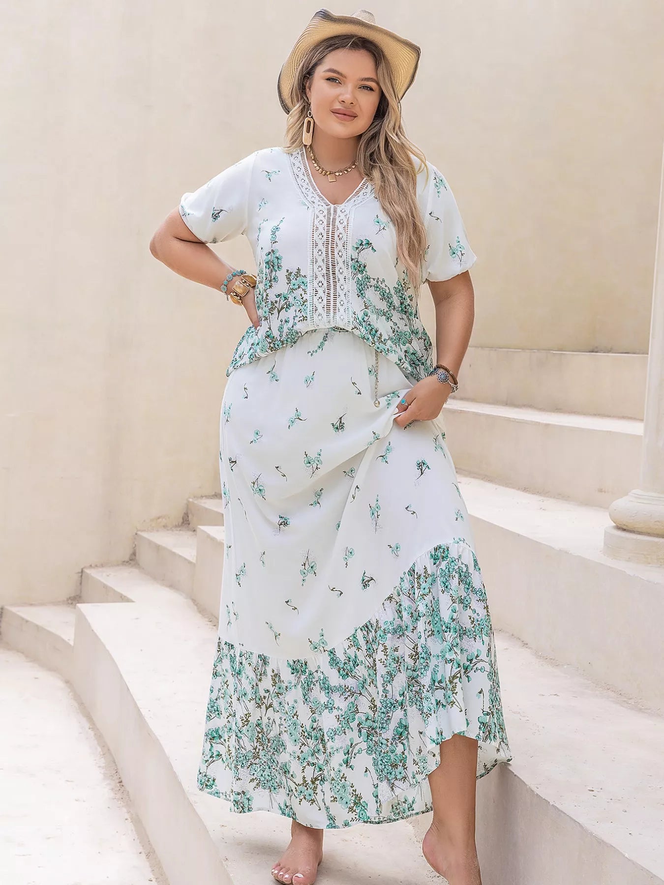 Plus Size Printed Lace Detail Short Sleeve Top and Skirt Set - Outfit Sets