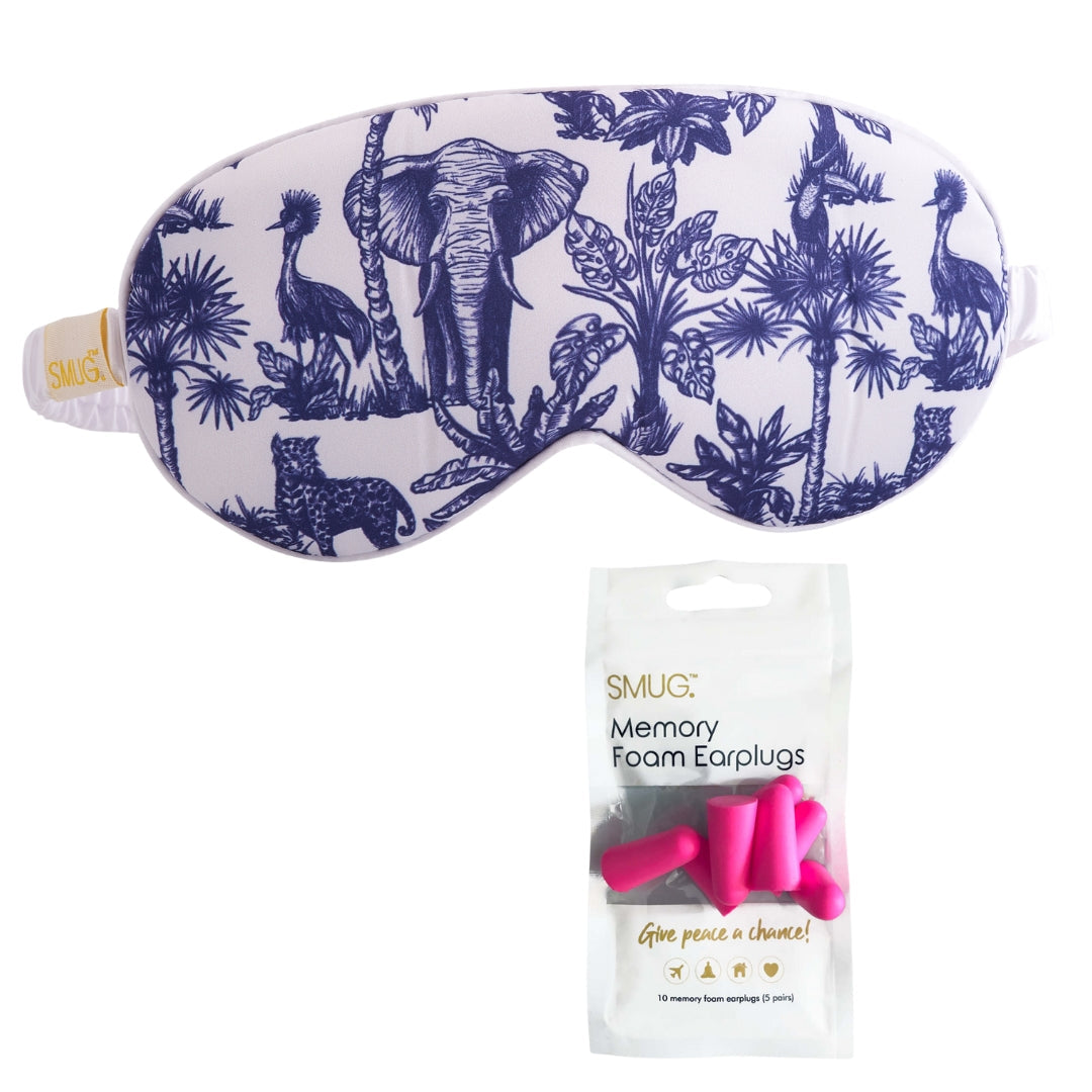 Satin Sleep Mask - Elephant Print Sleep Mask & Pink Earplugs - Satin Sleep Mask