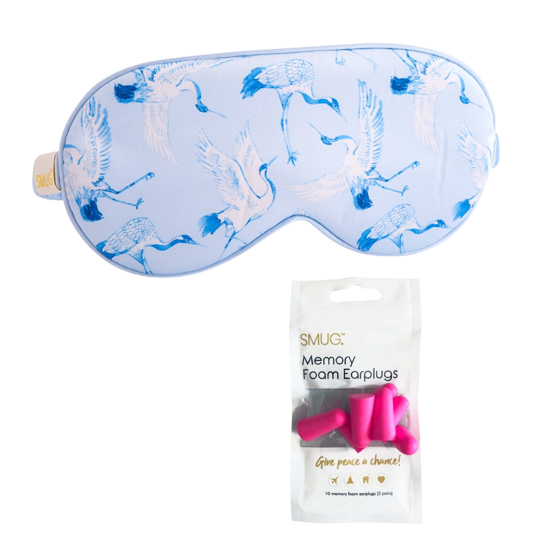 Satin Sleep Mask - Cranes Print Sleep Mask & Pink Earplugs - Satin Sleep Mask
