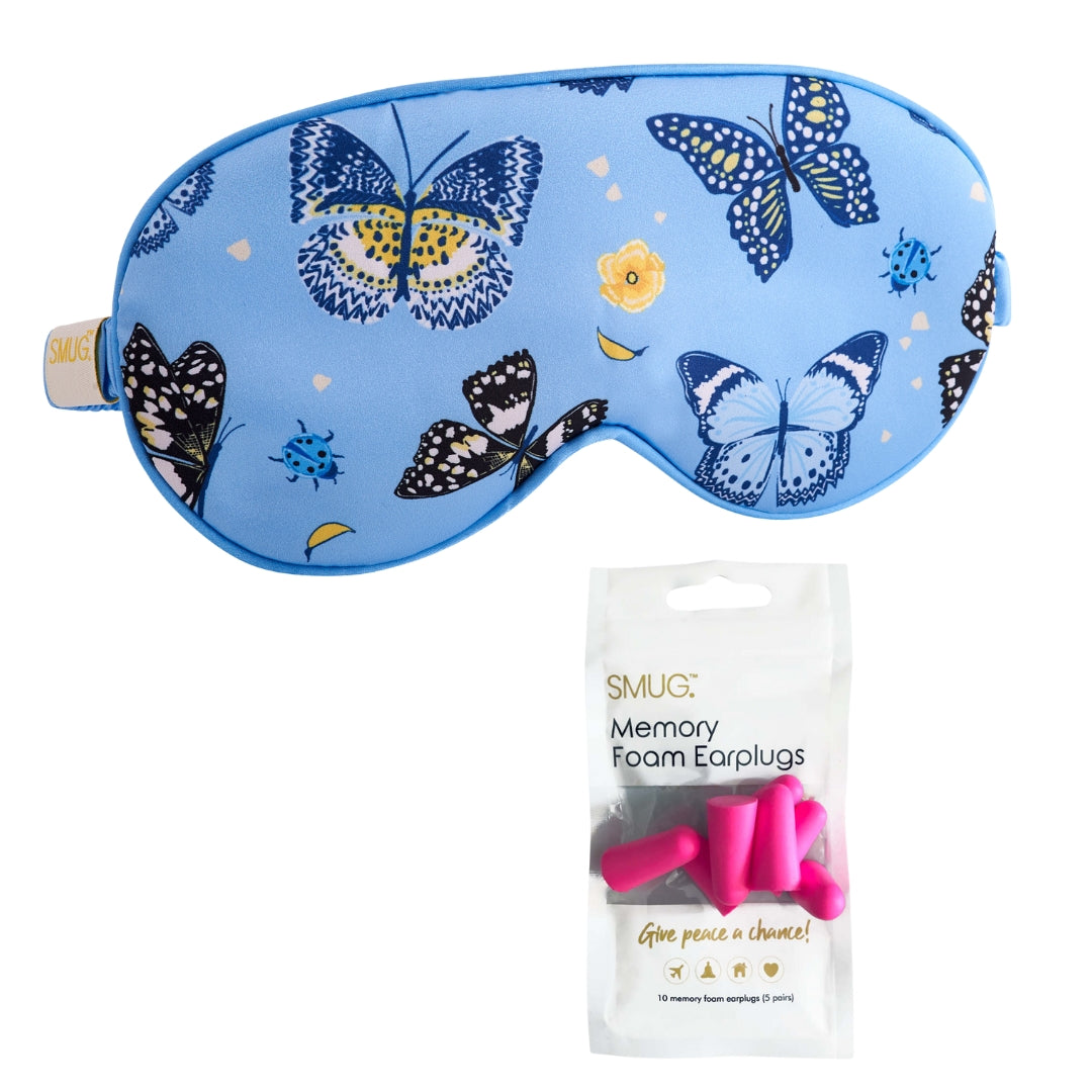 Satin Sleep Mask - Butterflies Print Sleep Mask & Pink Earplugs - Satin Sleep Mask