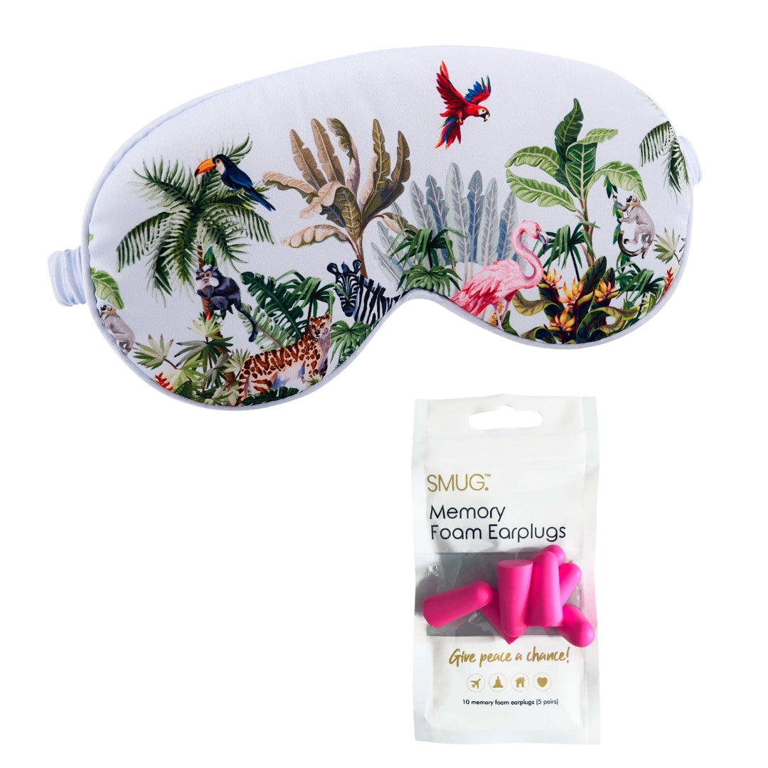 Satin Sleep Mask - Jungle Print Sleep Mask & Pink Earplugs - Satin Sleep Mask