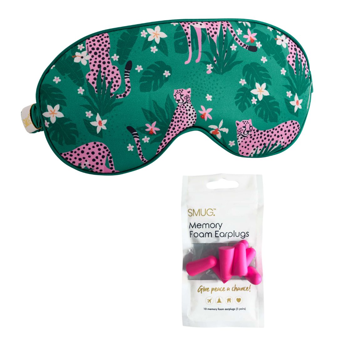 Satin Sleep Mask - Cheetah Print Sleep Mask & Pink Earplugs - Satin Sleep Mask