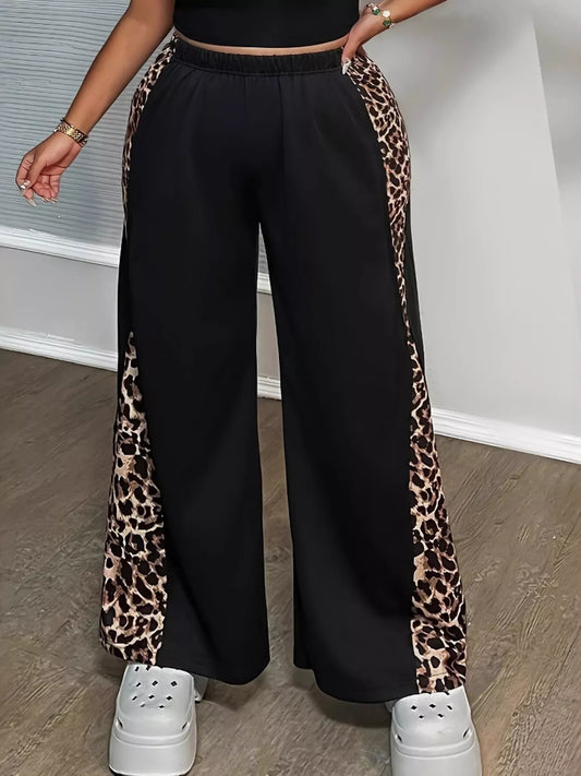 Plus Size Leopard Print Wide Leg Trousers - Pants