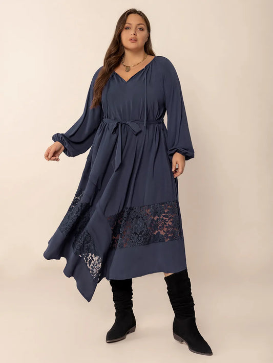 Plus Size Lace Detail Tie Neck Long Sleeve Midi Dress Dark Navy -