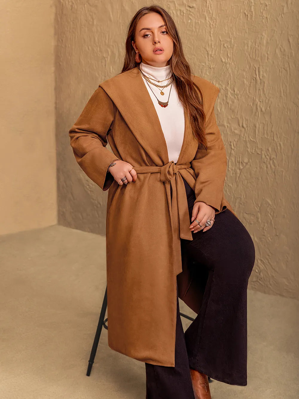 Plus Size Tied Long Sleeve Hooded Coat with Pockets -