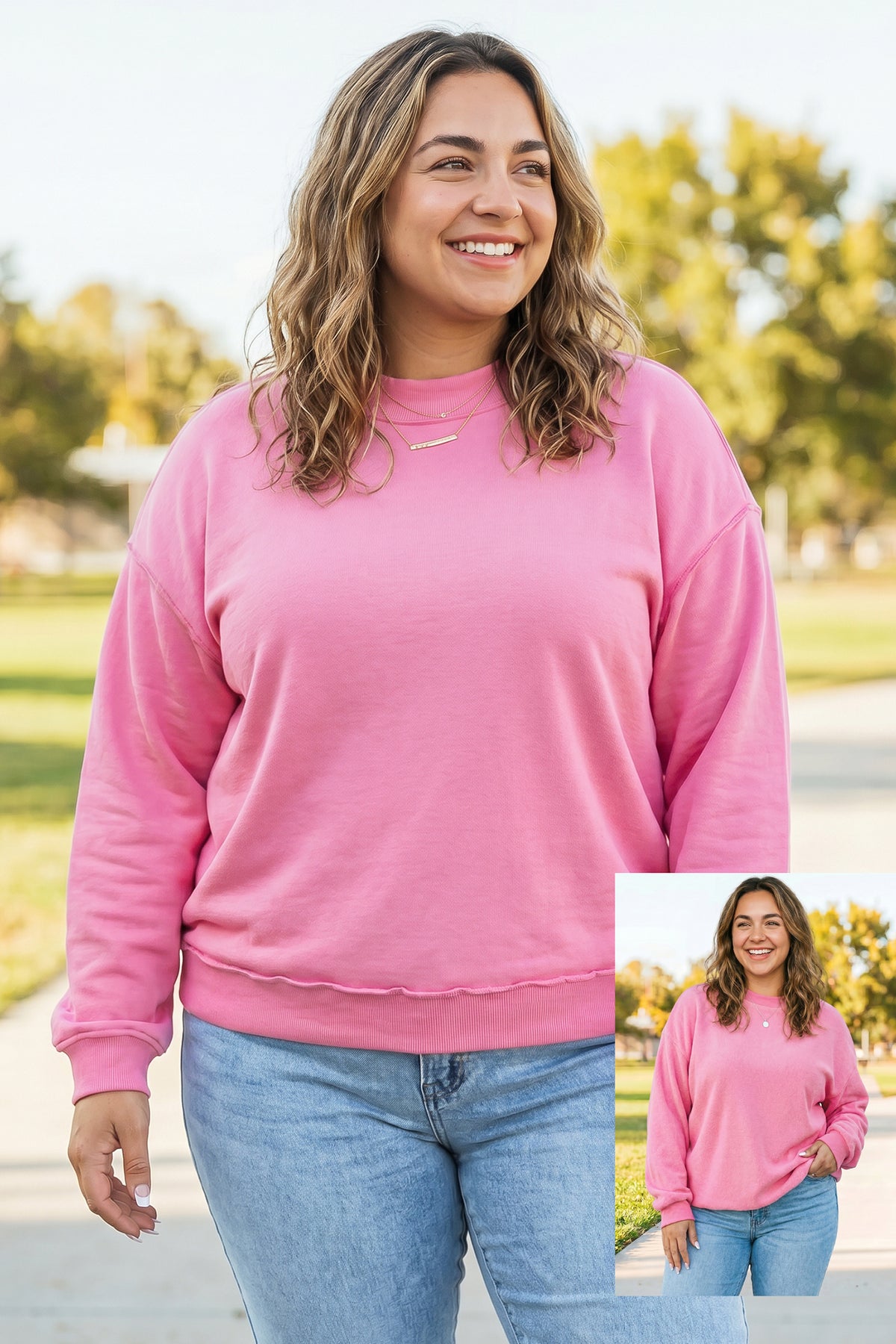 Exposed Seam Detail Reversible Double Wear Plus Size Sweatshirt Bright Pink 65%Polyester+35%Cotton - Plus Size/Plus Size Sweatshirts & Hoodies