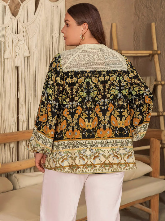 Plus Size Floral Print Notched Blouse -