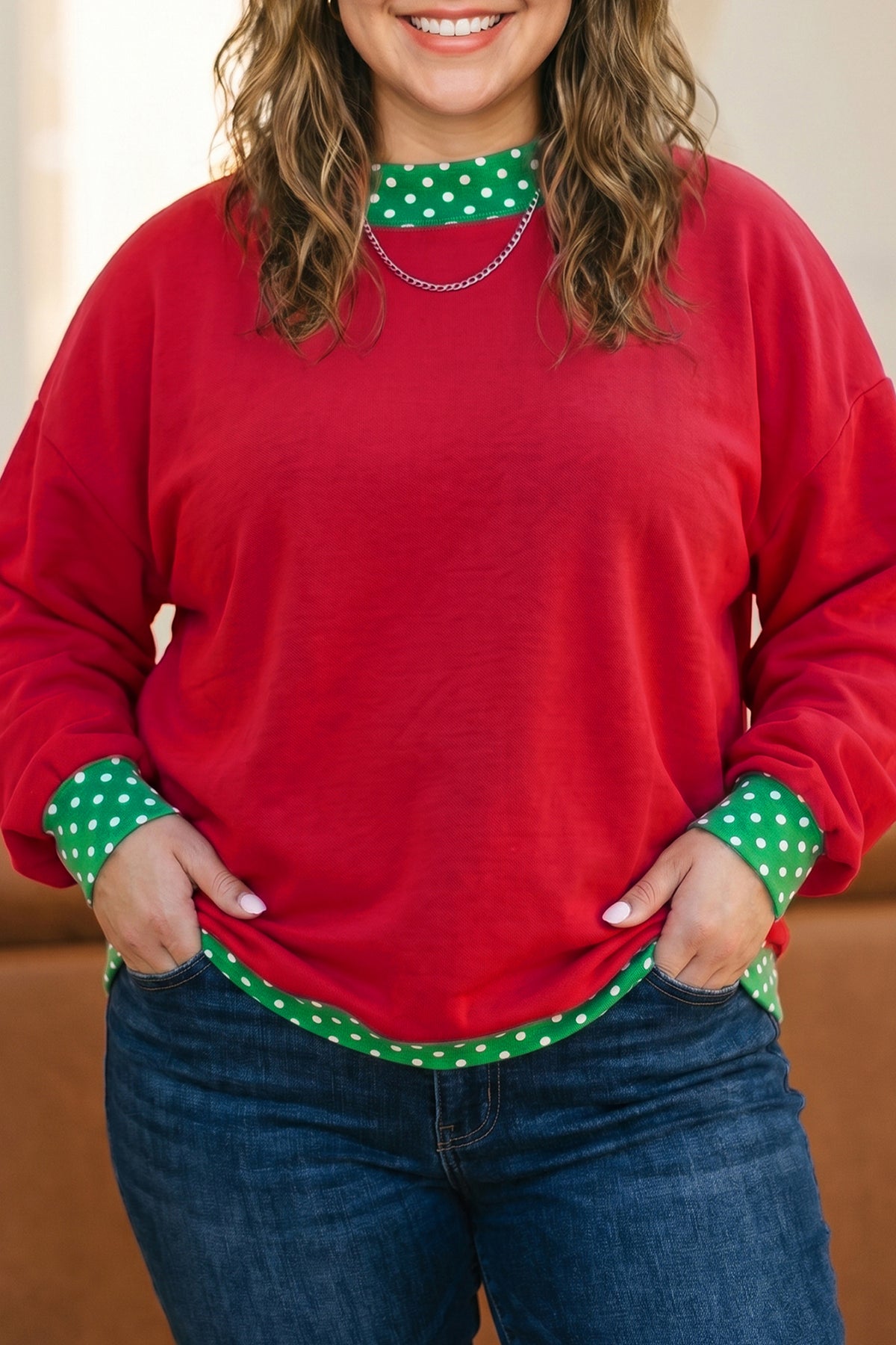 Tillandsia Purple Polka Dot Patchwork Round Neck Plus Size Sweatshirt Racing Red 50%Polyester+50%Cotton - Plus Size/Plus Size Sweatshirts & Hoodies