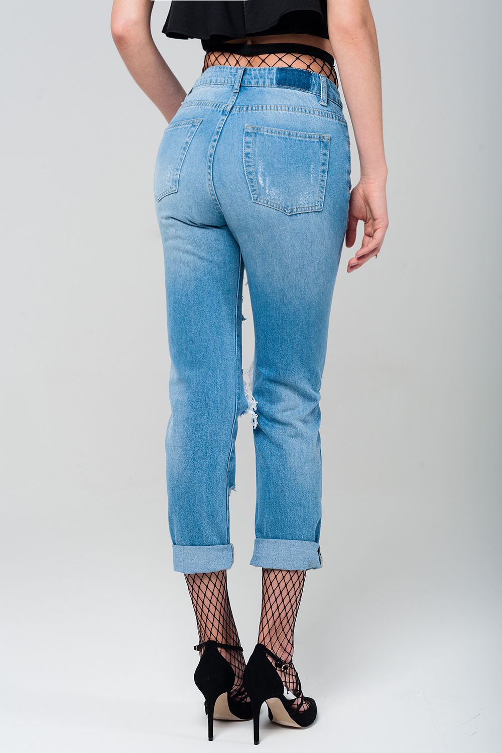 Ripped mom jeans with fishnet tights - Denim