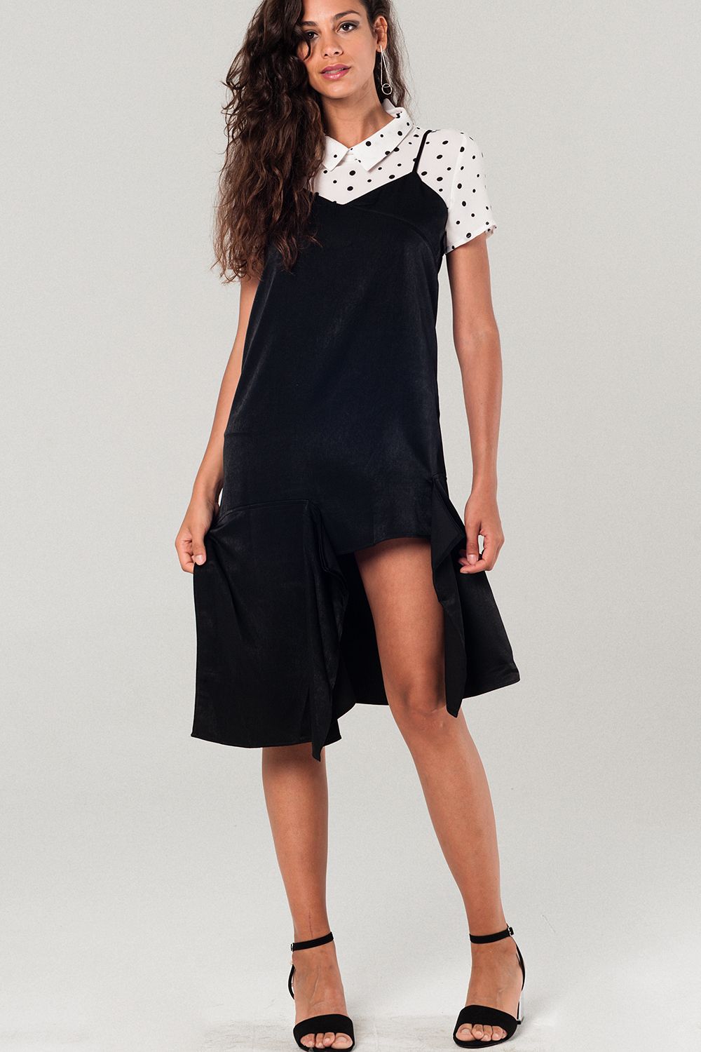 Asymmetric hem slip dress in black - dress