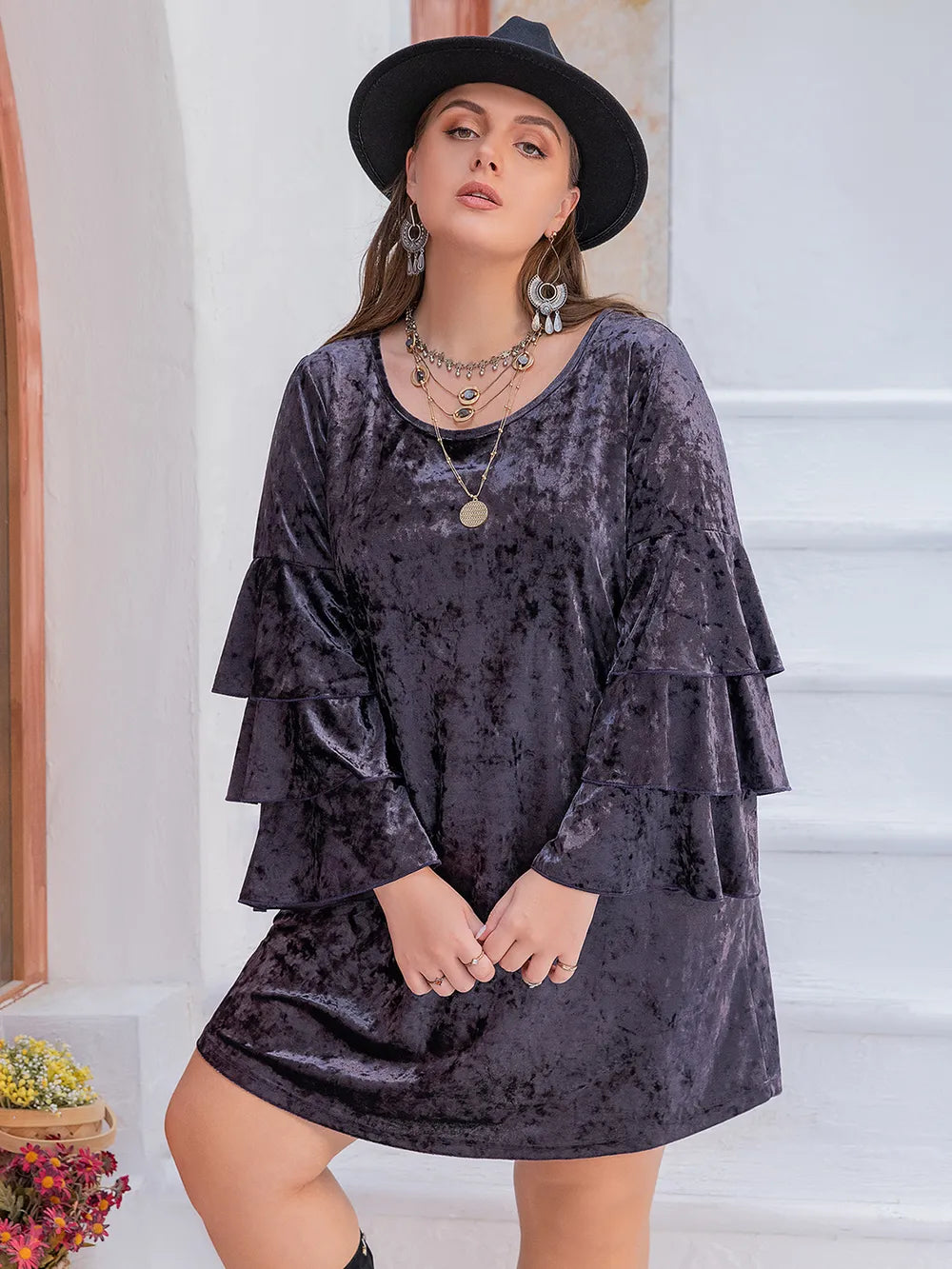 Plus Size Round Neck Flounce Sleeve Mini Dress Mauve -