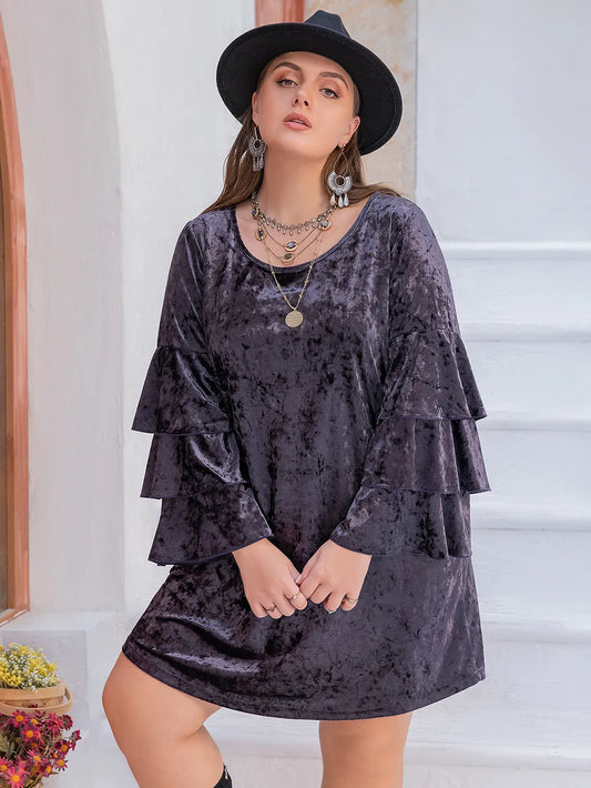 Plus Size Round Neck Flounce Sleeve Mini Dress Mauve -