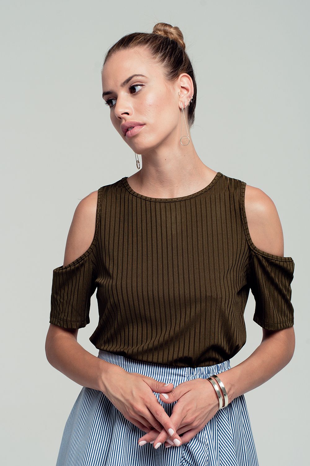 Khaki cold shoulder top - top