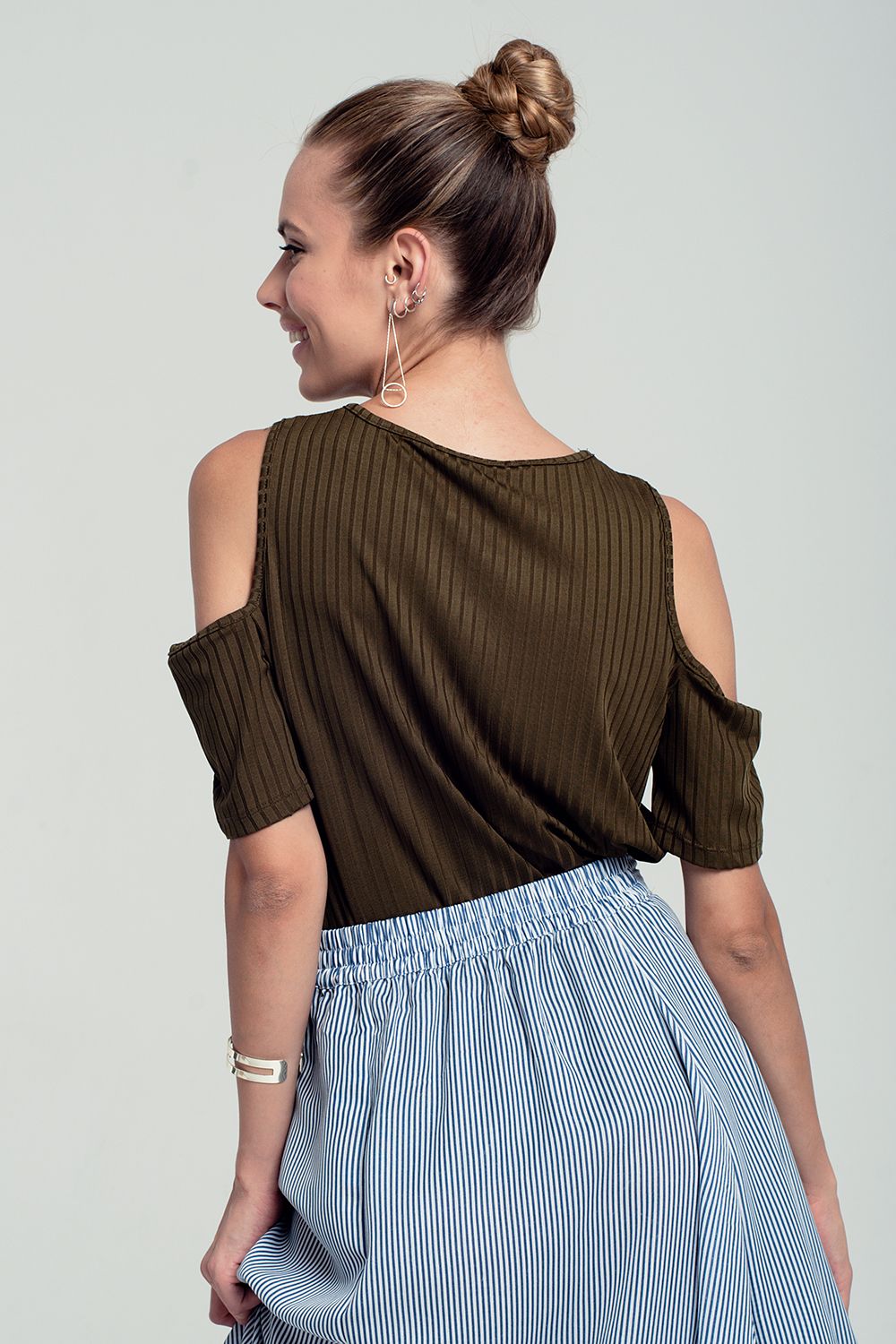Khaki cold shoulder top - top