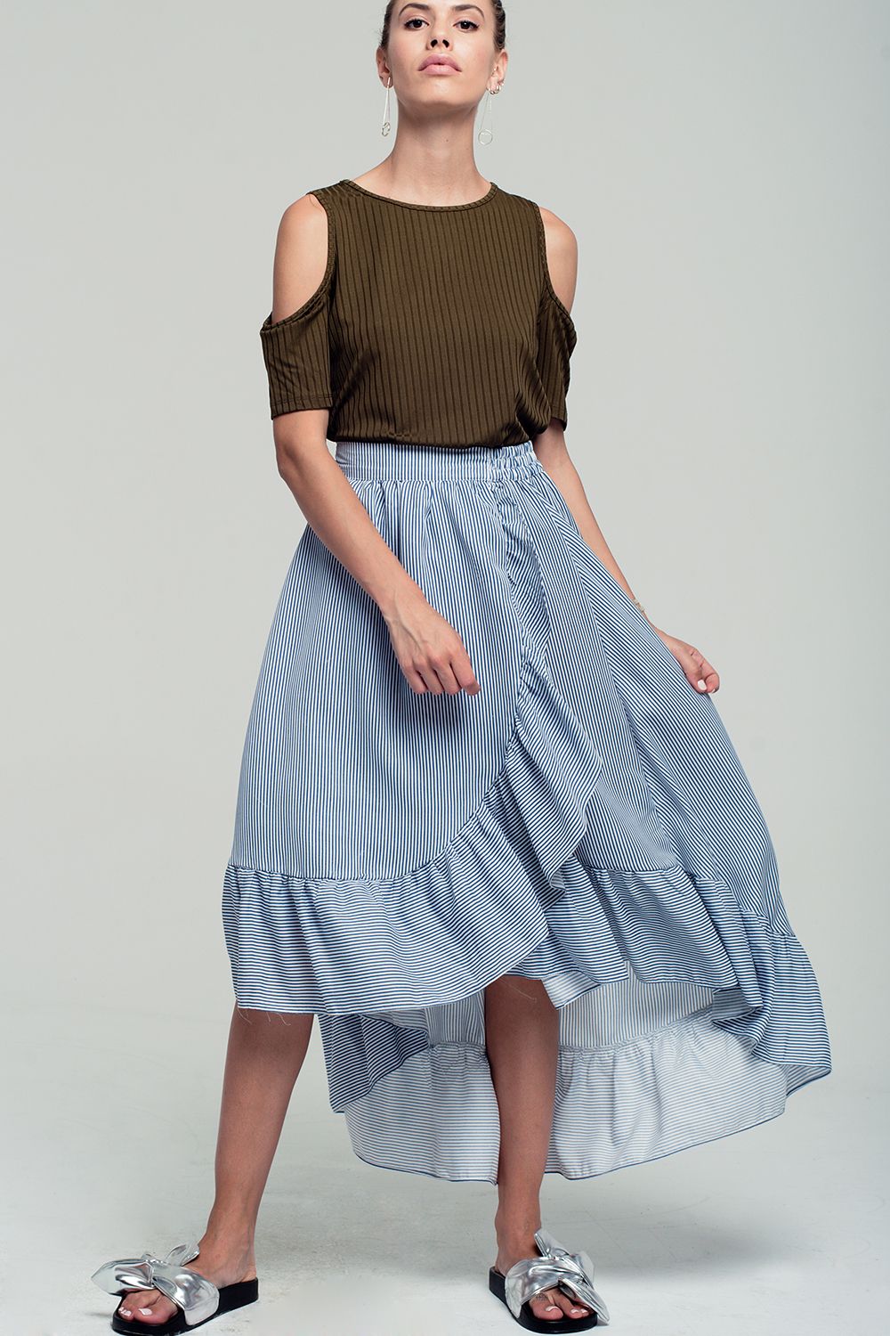 Khaki cold shoulder top - top