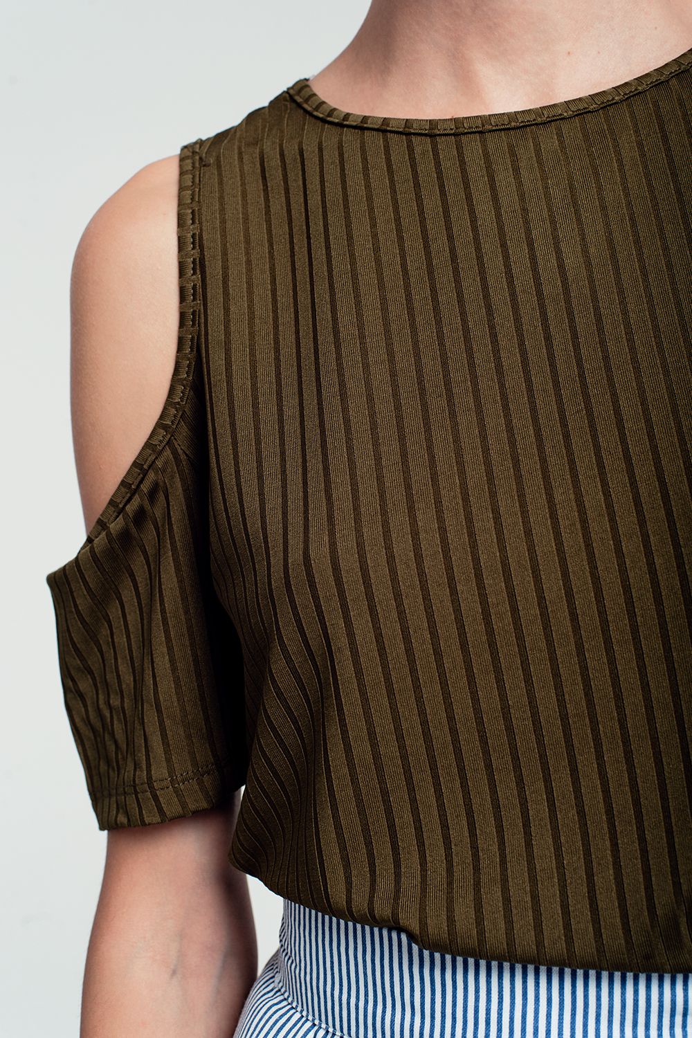 Khaki cold shoulder top - top