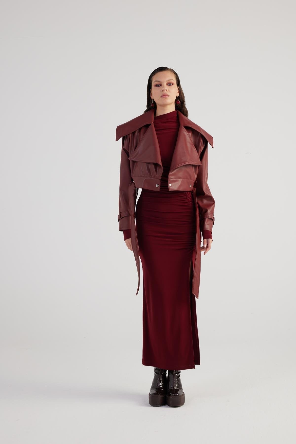 Neeko Burgundy Faux Leather Cropped Jacket - Jackets & Blazers