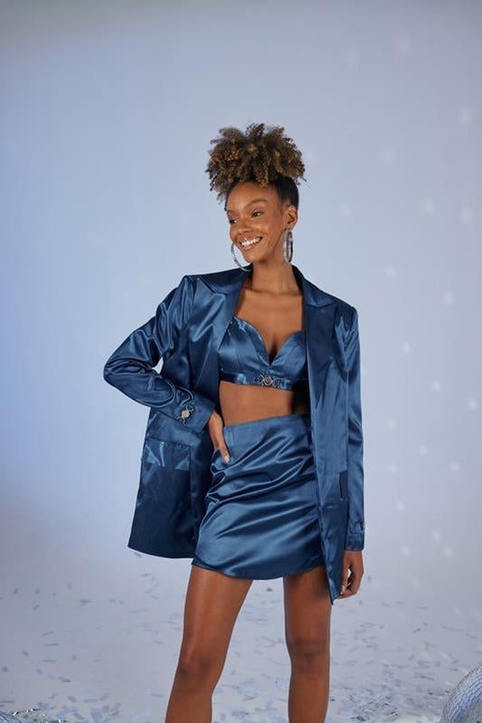 Fancy Navy Blue Satin Blazer Jacket - Jackets & Blazers